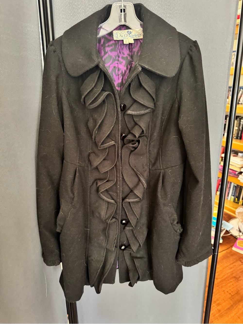 Jolt Black Ruffle Front Pea Coat with Purple Lining